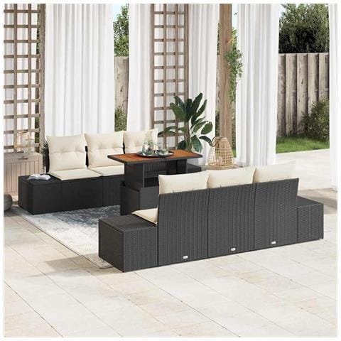 Set da pranzo da giardino 7 pezzi con cuscini in rattan polietilene nero e acacia - Foto 2