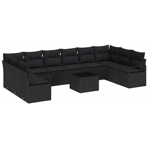 Set di Divani da Giardino a 11 Pezzi con Cuscini Beige in Polyrattan, Divano da Giardino a 2 Posti con Cuscini Neri in Polyrattan - Foto 1