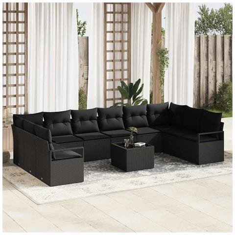 Set di Divani da Giardino a 11 Pezzi con Cuscini Beige in Polyrattan, Divano da Giardino a 2 Posti con Cuscini Neri in Polyrattan - Foto 2