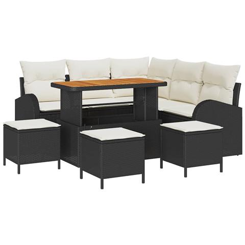 Set di Divani da Giardino da 9 Pezzi con Cuscini Rattan Nero Acacia, Divano da Giardino 2 Posti con Cuscini Rattan Nero, Set da Pranzo da Giardino da 4 Pezzi con Cuscini Rattan Nero Acacia - Foto 1