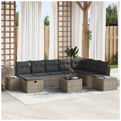 Set Divano da Giardino a 9 Pezzi con Cuscini Grigi in Rattan Sintetico - Foto 2