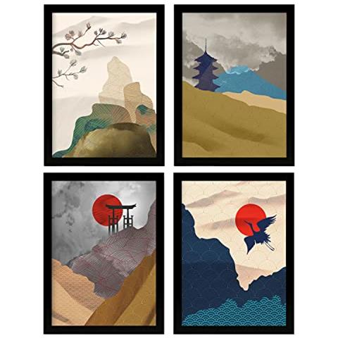 Set Di 4 Stampe Poster Giapponesi Armonia. Stampe E Illustrazioni Con Estetica Orientale. Design E Decorazione D'interni Senza Cornice A4 - Foto 1