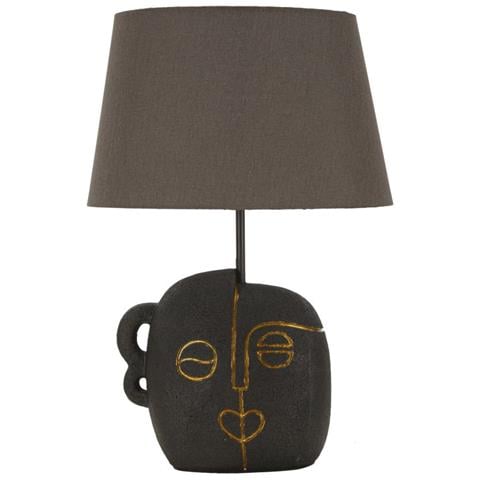 Lampada Da Tavolo Tribal A In Resina Marrone E Oro Con Paralume In Tessuto - Foto 1