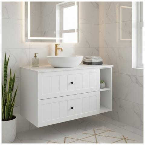 Mobile sottolavabo, Bianco e marrone, 100 cm, Cassetti con chiusura ammortizzata, Ripiano con superficie di appoggio - Foto 2