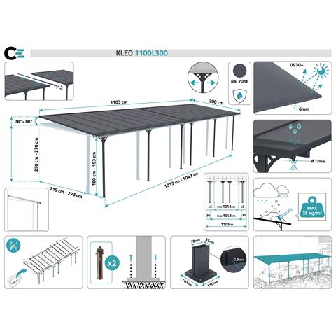 Pergola Addossata /posto Auto Coperto 33m² Kleo 1100l300 Grigio Alluminio - Foto 7