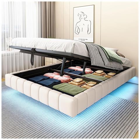 Letto Imbottito 140x200 Cm, Struttura Letto Flottante Idraulica, Senza Testiera , Beige - Foto 1