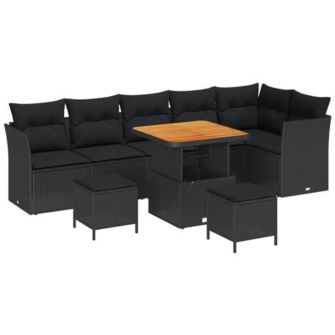 Set di Divani da Giardino da 9 Pezzi con Cuscini Rattan Nero Acacia, Set da Pranzo da Giardino da 3 Pezzi con Cuscini Rattan Nero Acacia - Foto 1