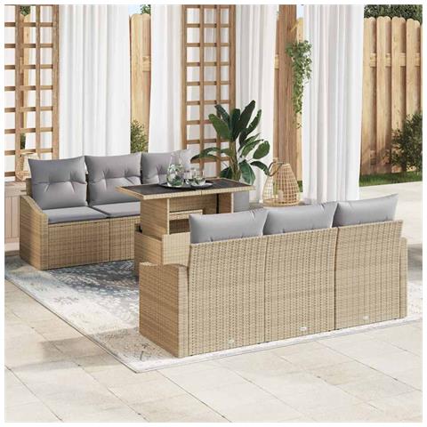 Set Divano da Giardino 7 Pezzi con Cuscini Beige Rattan Sintetico - Foto 2