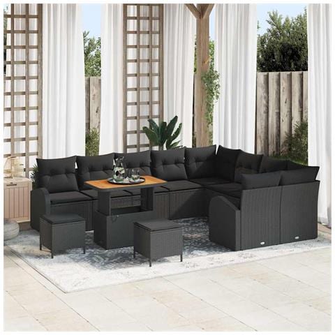 Set Divano Giardino 12 Pezzi con Cuscini Nero Polyrattan Acacia, Set da Pranzo Giardino 3 Pezzi con Cuscini Nero Polyrattan Acacia, Divano da Giardino Due Posti con Cuscini Nero Polyrattan - Foto 2