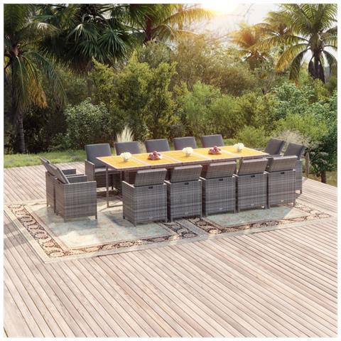 Set Pranzo da Giardino 15 pz con Cuscini in Polyrattan Grigio - Foto 2