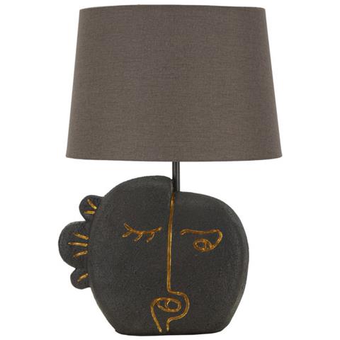 Lampada Da Tavolo Tribal B In Resina Antracite Con Volto Dorato E Paralume Grigio - Foto 1