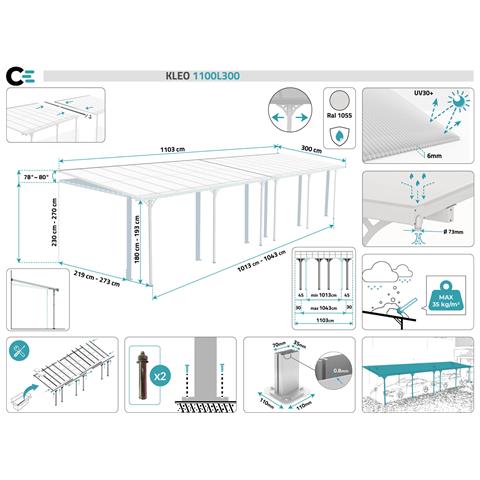 Pergola Addossata /posto Auto Coperto 33m² Kleo 1100l300 Alluminio Bianco - Foto 7