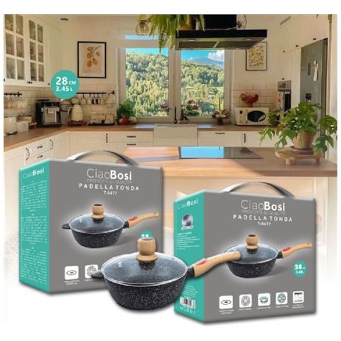 Trade Shop - Padella Tonda Con Manico In Legno Coperchio In Vetro 28cm 3,45lt Cucina T-9477 - Foto 1