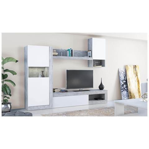 Parete Attrezzata Da Soggiorno In Legno Nobilitato Bianco E Grigio Effetto Cemento Room - Foto 2