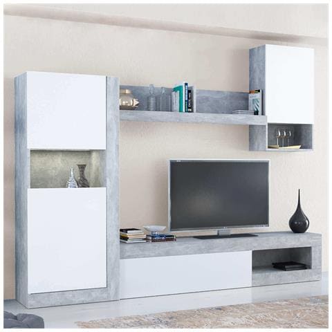 Parete Attrezzata Da Soggiorno In Legno Nobilitato Bianco E Grigio Effetto Cemento Room - Foto 1