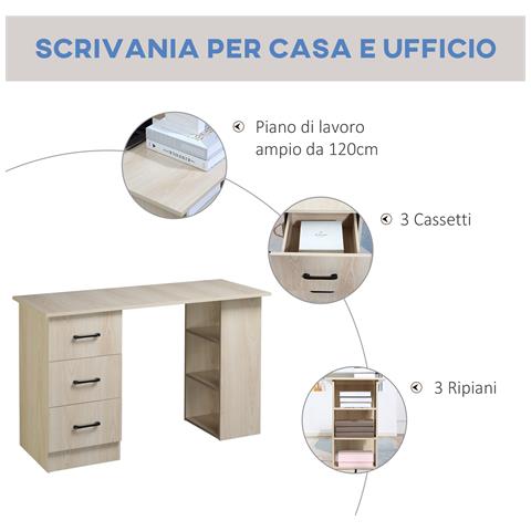 Scrivania Pc Moderna Per Camera Con 3 Cassetti E 3 Scaffali In Legno Per Casa E Ufficio 120x49x72cm - Foto 5