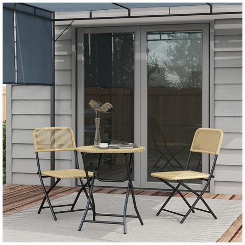 Set Da Giardino 3 Pezzi In Rattan E Acciaio, 2 Sedie Pieghevoli E Tavolino Da Caffè, Giallo E Nero - Foto 6
