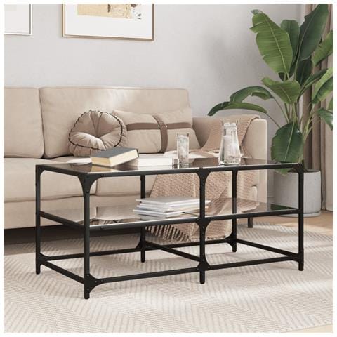 Tavolino Con Piano In Vetro Nero 98,5x50x45 Cm Acciaio - Foto 1