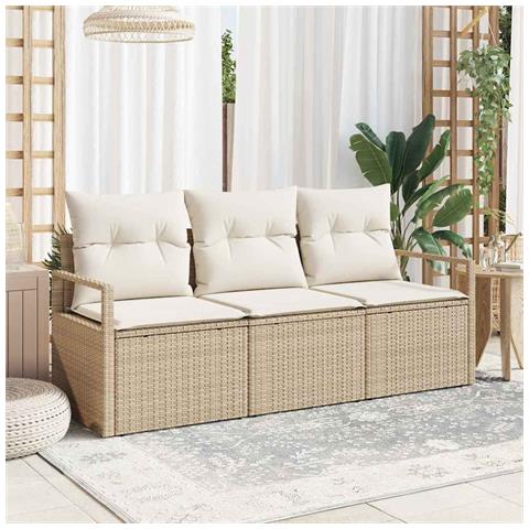 Set di divani da giardino a 3 pezzi con cuscini Beige Polirattan, Divano da giardino a 2 posti con cuscini Beige Polirattan - Foto 2