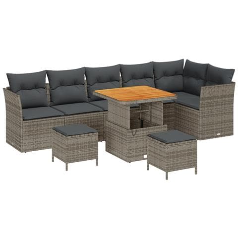 Set di Divani da Giardino 9 Pezzi con Cuscini Grigio in Rattan Polietilene Acacia,  Set da Pranzo da Giardino 3 Pezzi con Cuscini Grigio in Rattan Polietilene Acacia - Foto 1