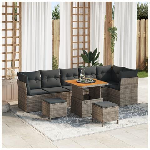 Set di Divani da Giardino 9 Pezzi con Cuscini Grigio in Rattan Polietilene Acacia,  Set da Pranzo da Giardino 3 Pezzi con Cuscini Grigio in Rattan Polietilene Acacia - Foto 2