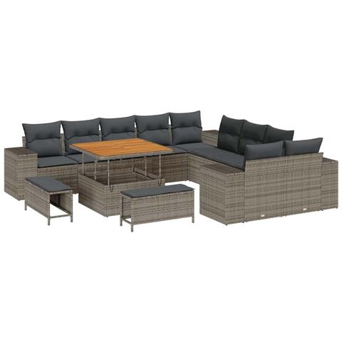 Set Divani da Giardino 13 Pezzi con Cuscini Grigio Polyrattan Acacia,  Set Giardino 3 Pezzi con Cuscini Grigio Polyrattan Acacia - Foto 1