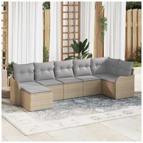 Set Divano da Giardino 7 Pezzi con Cuscini Beige Rattan Sintetico,  Divano da Giardino 2 Posti con Cuscini Beige Rattan Sintetico - Foto 2