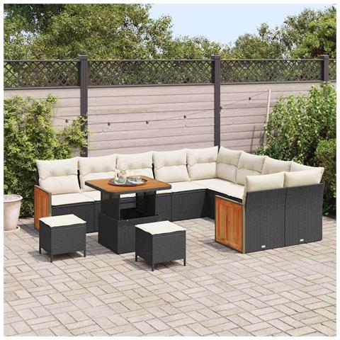 Set Divano Giardino 12 Pezzi con Cuscini Nero Polyrattan Acacia, Set da Pranzo Giardino 3 Pezzi con Cuscini Nero Polyrattan Acacia, Divano Giardino Due Posti con Cuscini Nero Polyrattan - Foto 2