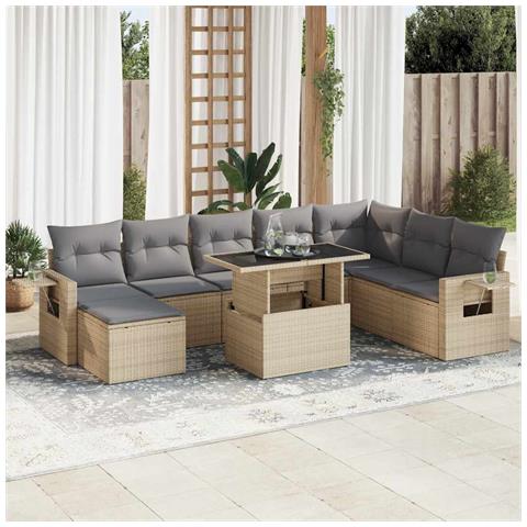 Set Divano da Giardino 9 pz con Cuscini Beige in Polyrattan - Foto 2