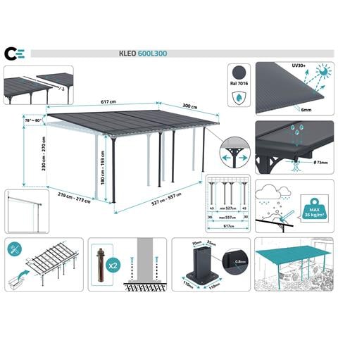 Pergola Addossata /posto Auto Coperto 18m² Kleo 600l300 Alluminio Grigio - Foto 7
