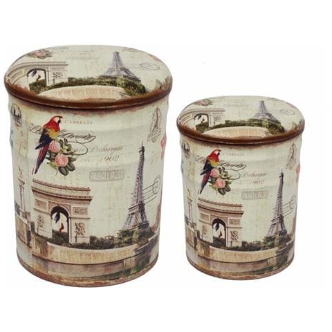 Pouf Contenitori Da Interno In Pvc Con Decoro Parigi Tour Eiffel Set 2 Pezzi - Beige - Foto 1