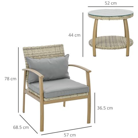 Salotto Da Giardino In Rattan Con 2 Poltroncine Con Cuscini E Tavolino In Vetro, Marrone E Grigio - Foto 2