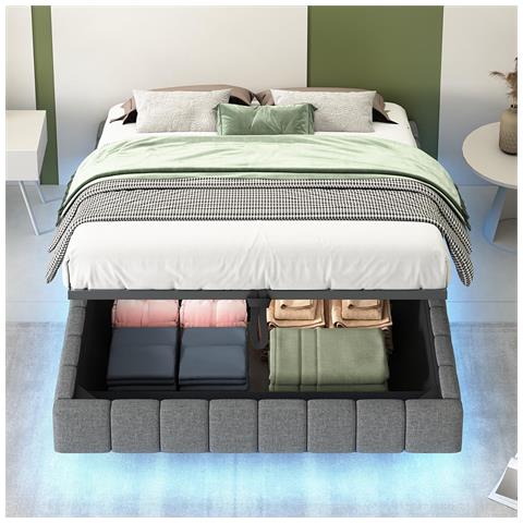 Letto Imbottito 140x200 Cm, Struttura Letto Flottante Idraulica, Senza Testiera , Grigio - Foto 1