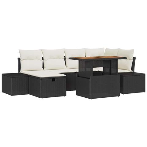 Set da Pranzo da Giardino 7 Pezzi con Cuscini Nero Polyrattan Acacia - Foto 1