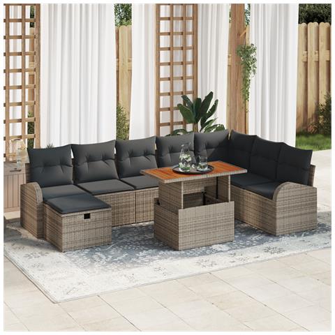 Set di Divani da Giardino 9 Pezzi con Cuscini Grigio in Rattan Sintetico - Foto 2