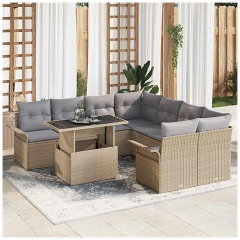 Set di divani da giardino da 9 pezzi con cuscini Rattan polietileno beige - Foto 2