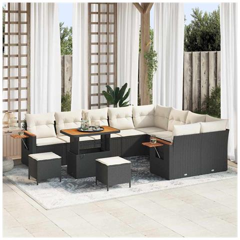 Set divano giardino 12 pezzi con cuscini polyrattan nero acacia, Set da pranzo giardino 3 pezzi con cuscini polyrattan nero acacia - Foto 2