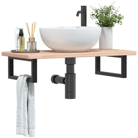 Ripiano a Parete per Lavabo in Acciaio e Massello di Rovere - Foto 2