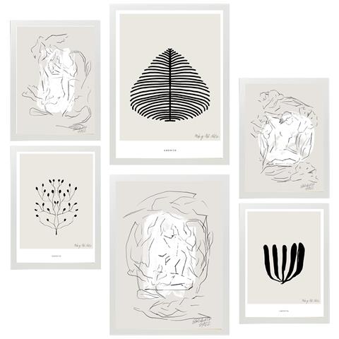 Set Di 6 Stampe Dipinto Decorativo Astratto Nero E Beige Con Cornice E Illustrazioni Di Design Per Le Pareti A3 & A4 Cornice Bianca - Foto 1