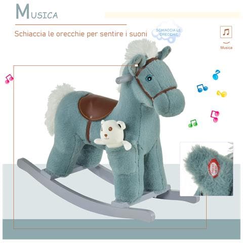 Cavallo A Dondolo In Peluche E Legno Con Suoni E Orsetto Per Bimbi Da 18-36 Mesi Blu - Foto 6
