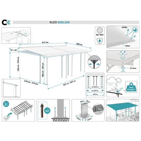 Pergola Addossata /posto Auto Coperto 18m² Kleo 600l300 Alluminio Bianco - Foto 7