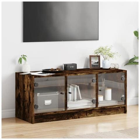 Mobile Porta Tv Con Ante In Vetro Rovere Fumo 102x37x42 Cm - Foto 3