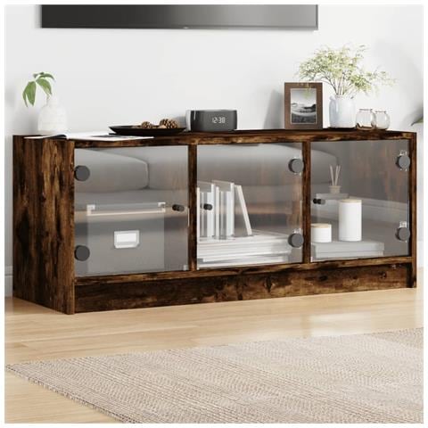 Mobile Porta Tv Con Ante In Vetro Rovere Fumo 102x37x42 Cm - Foto 1