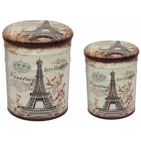 Pouf Contenitori Da Interno In Pvc Con Decoro Parigi Tour Eiffel Set 2 Pezzi - Antiquewhite - Foto 1