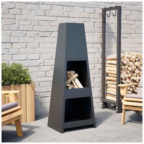 Caminetto da Esterno Design Torre Deposito Tronchi Nero Acciaio - Foto 2