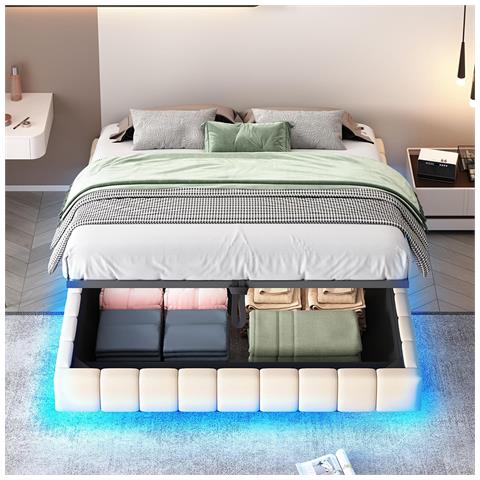 Letto Imbottito 160x200 Cm, Struttura Letto Flottante Idraulica, Senza Testiera , Beige - Foto 1