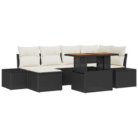 Set da Pranzo da Giardino 7 Pezzi con Cuscini Nero Polyrattan Acacia - Foto 1