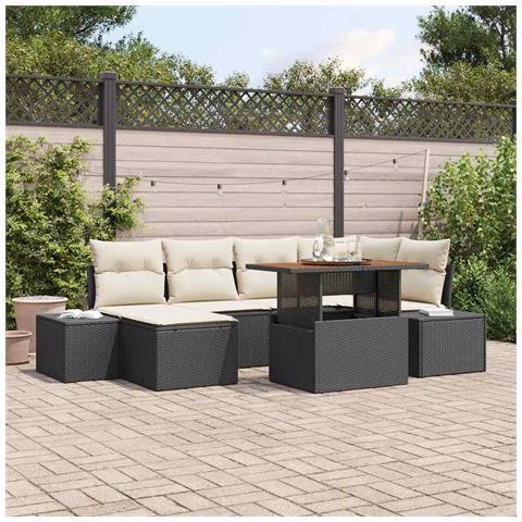 Set da Pranzo da Giardino 7 Pezzi con Cuscini Nero Polyrattan Acacia - Foto 2