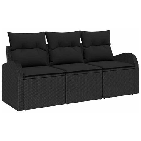 Set divani da giardino 3 pezzi con cuscini in rattan poly nero - Foto 1