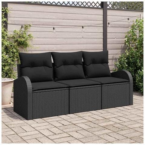 Set divani da giardino 3 pezzi con cuscini in rattan poly nero - Foto 2